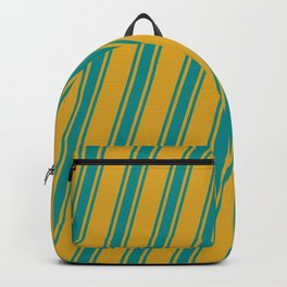 [ Thumbnail: Goldenrod & Dark Cyan Colored Lines Pattern Backpack ]