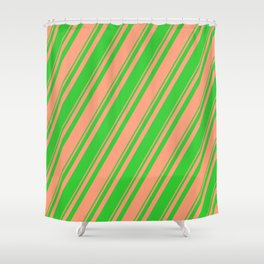 [ Thumbnail: Light Salmon & Lime Green Colored Lines Pattern Shower Curtain ]