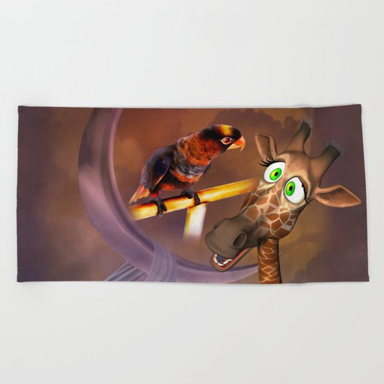 Funny cute giraffe with parrot Beach Towel