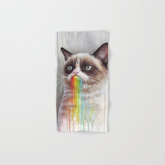 Cat Tastes the Grumpy Rainbow | Watercolor Painting Hand & Bath Towel
