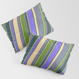 [ Thumbnail: Tan, Green, Medium Slate Blue, Slate Gray, and Dark Slate Gray Colored Lined/Striped Pattern Pillow Sham ]