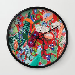 Red floral Jungle Garden Botanical featuring Proteas, Reeds, Eucalyptus, Ferns and Birds of Paradise Wall Clock