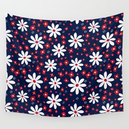  Funky Cosmo Flowers Pattern Blue White and Red Wall Tapestry