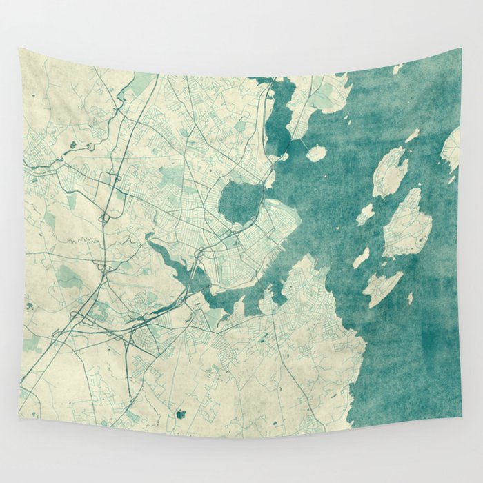 Portland Maine Map Blue Vintage Wall Tapestry