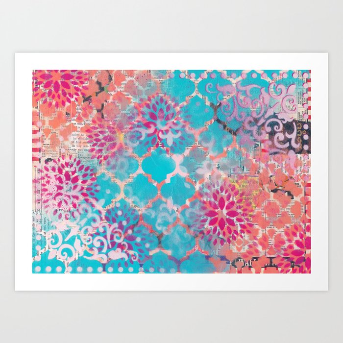 Mixed Media Layered Patterns - Turquoise, Pink & Coral Art Print
