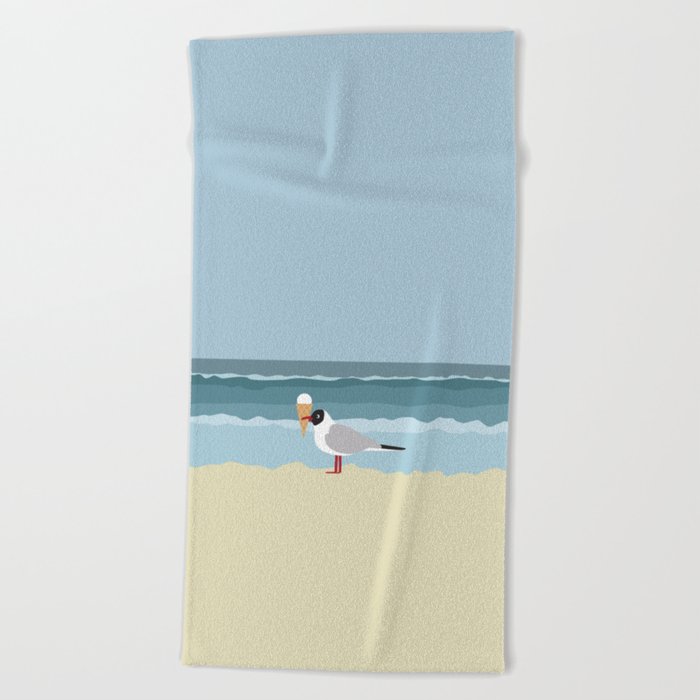 Cute seagull with ice cream by the sea Beach Towel