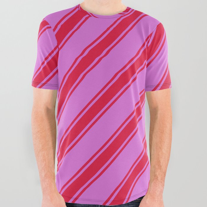 Orchid & Crimson Colored Lined Pattern All Over Graphic Tee