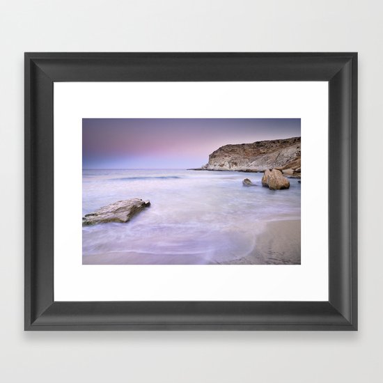 Pink sunset at the volcanic beach Framed Art Print