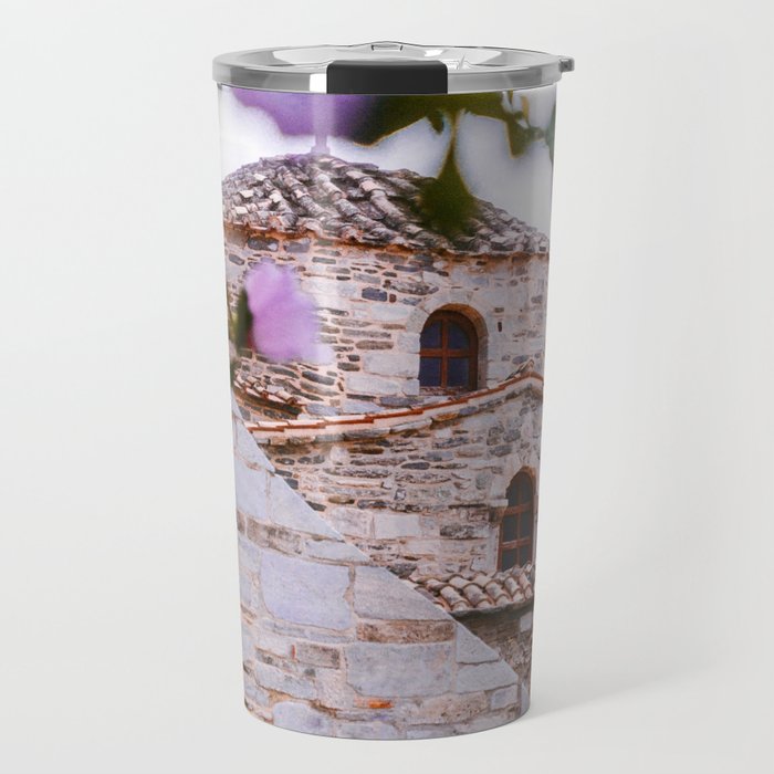 Greek Church through the Flowers | Bright Brick Chapel on the Greece Islands | Travel Photography Fine Art Travel Mug