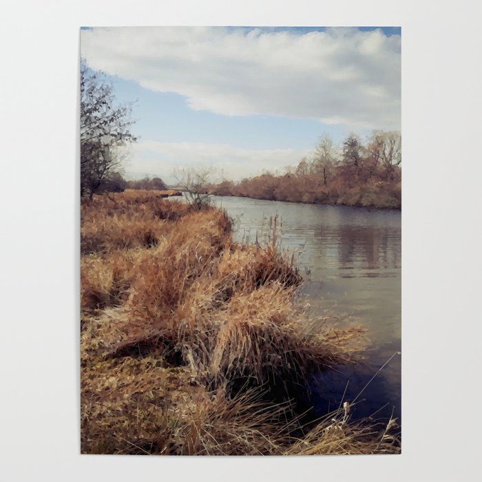 Vintage riverside landscape at the end of winter Poster