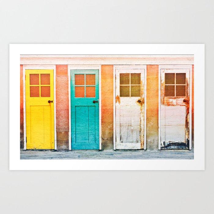 Colorful wooden doors with a vintage flare filter applied to the image Art Print