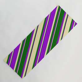 [ Thumbnail: Pale Goldenrod, Dark Green & Dark Violet Colored Lined Pattern Yoga Mat ]