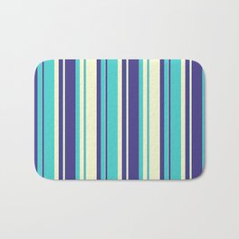 [ Thumbnail: Dark Slate Blue, Turquoise & Light Yellow Colored Striped/Lined Pattern Bath Mat ]