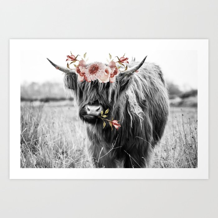 Highland Cow Landscape with Flowers Art Print