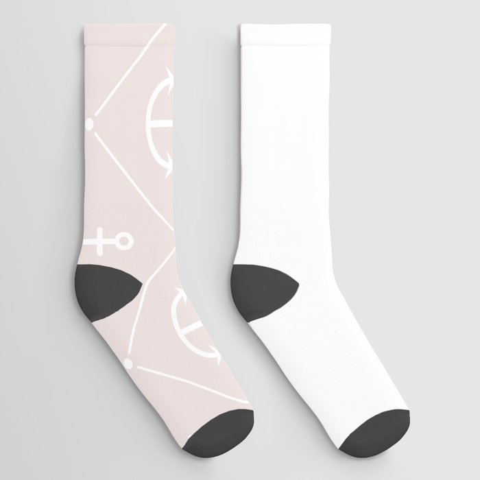 White Anchors on Pastel Pink and White Horizontal Split Socks