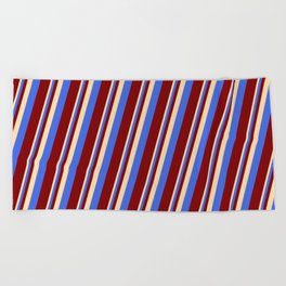 [ Thumbnail: Tan, Royal Blue, and Maroon Colored Lines Pattern Beach Towel ]