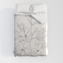 Minimal Line Art Magnolia Flowers Duvet Cover