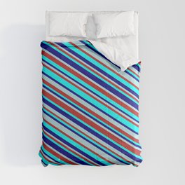 [ Thumbnail: Powder Blue, Red, Aqua, and Blue Colored Lined Pattern Comforter ]