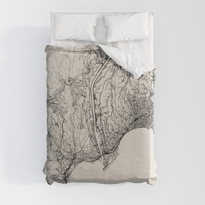 France, Nice City Map Drawing - Black and White Duvet Cover