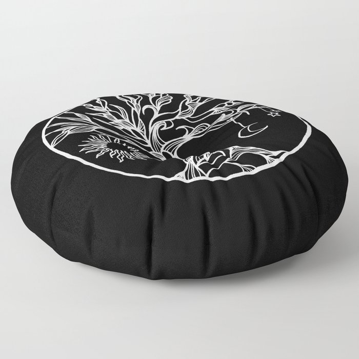black and white tree of life with hanging sun, moon and stars II Floor Pillow