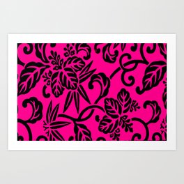 Hot Pink & Black Japanese Leaf Pattern Art Print