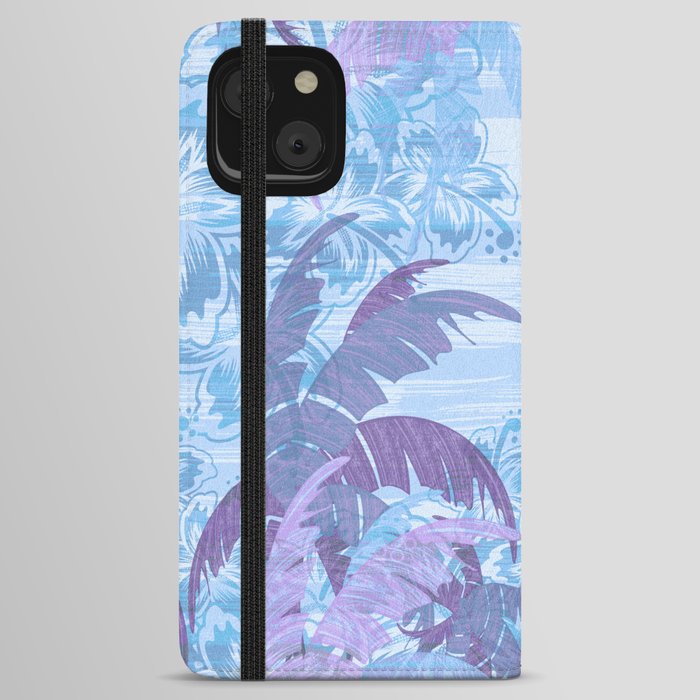 Polynesian Palm Trees And Hibiscus Blue Haze Abstract iPhone Wallet Case