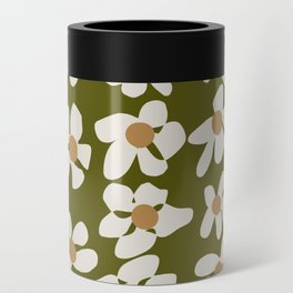 White Flowers khaki green background Can Cooler