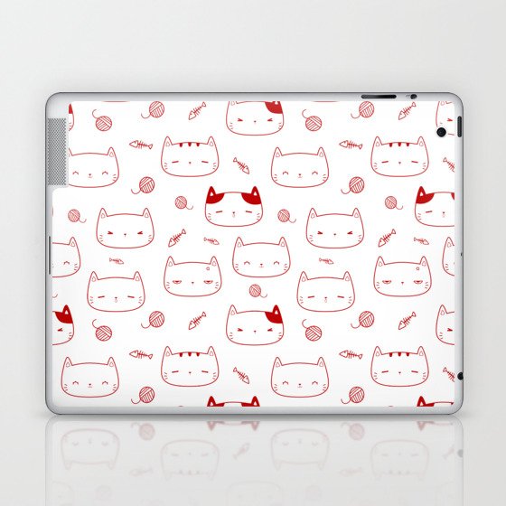 Red Doodle Kitten Faces Pattern Laptop & iPad Skin