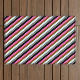 [ Thumbnail: Eye-catching Hot Pink, Brown, Light Cyan, Gray & Black Colored Stripes Pattern Outdoor Rug ]