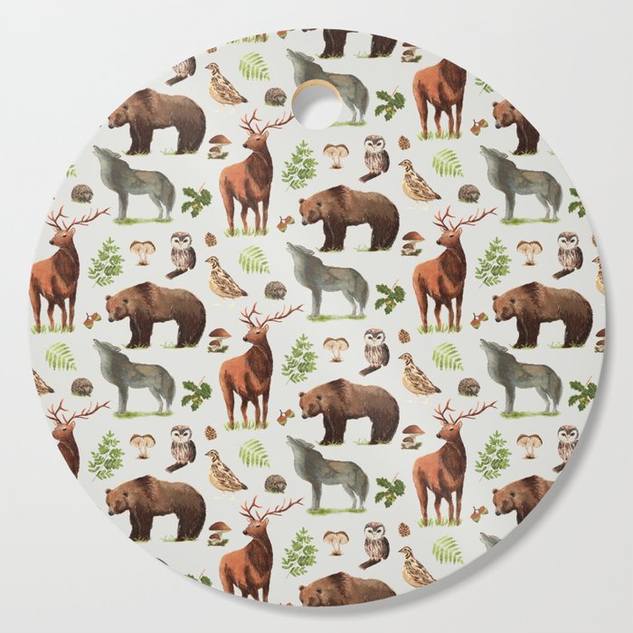 Woodland Flora and Fauna - off white background Cutting Board