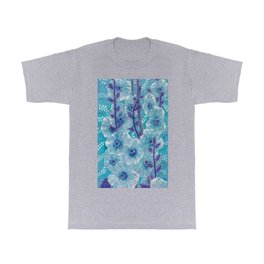 Hollyhock Mallows, Summer Flowers, Floral Art, Turquoise Violet T Shirt