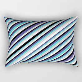 [ Thumbnail: Eyecatching Turquoise, Light Grey, White, Black & Dark Slate Blue Colored Stripes Pattern Rectangular Pillow ]