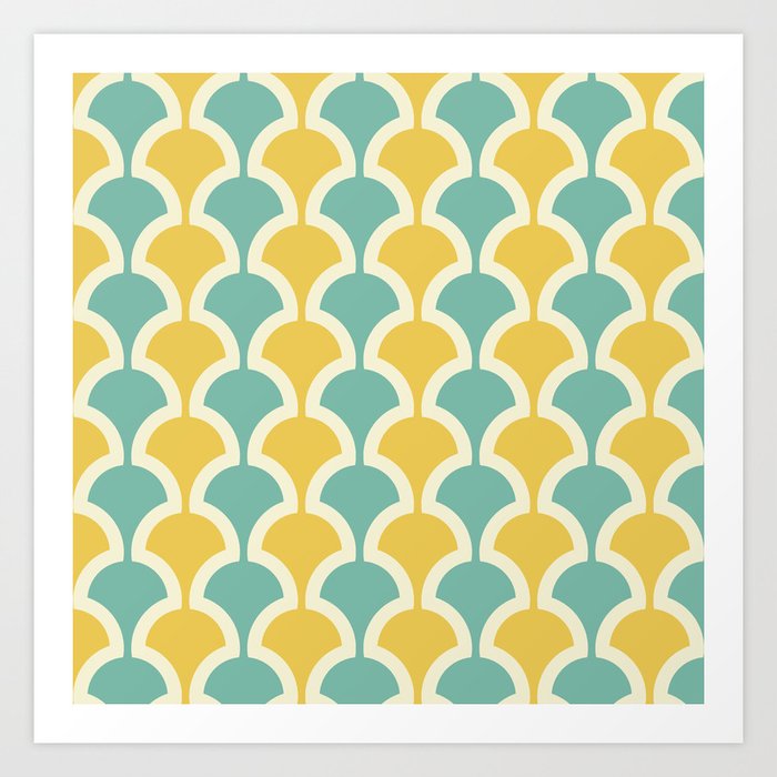 Classic Fan or Scallop Pattern 432 Turquoise and Yellow Art Print
