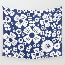 Modern Navy Blue Daisy Flowers Wall Tapestry