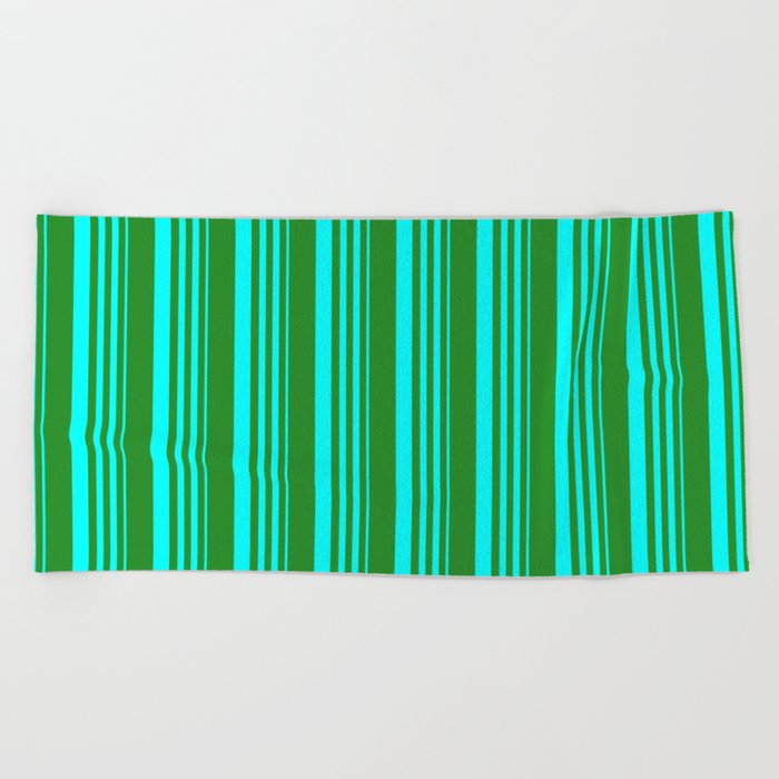 Cyan and Forest Green Colored Stripes Pattern Beach Towel