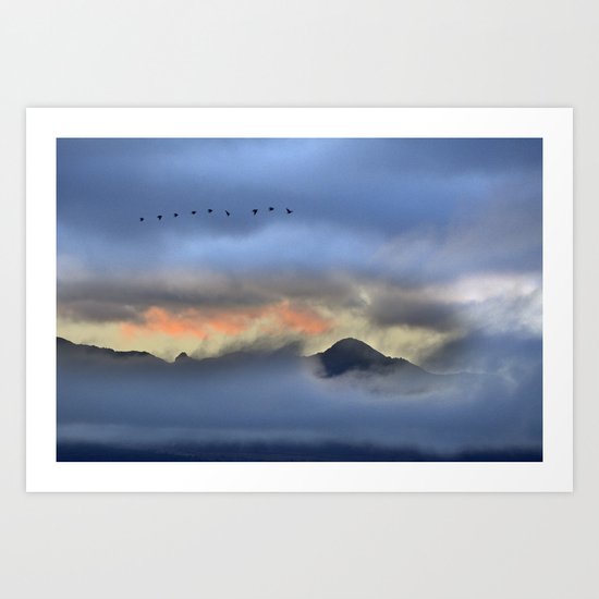 "Sunrise at the mountains". Birds in the morning. Art Print