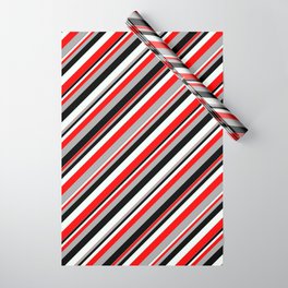 [ Thumbnail: Red, Dark Grey, Black, and Mint Cream Colored Lined Pattern Wrapping Paper ]