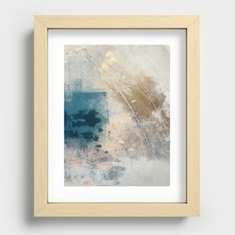 Embrace: a minimal, abstract mixed-media piece in blues and gold with a hint of pink Recessed Framed Print