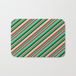 [ Thumbnail: Turquoise, Dark Green, Pink, and Sienna Colored Lines Pattern Bath Mat ]
