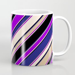 [ Thumbnail: Eye-catching Tan, Dark Violet, Beige, Black, and Midnight Blue Colored Lined/Striped Pattern Coffee Mug ]