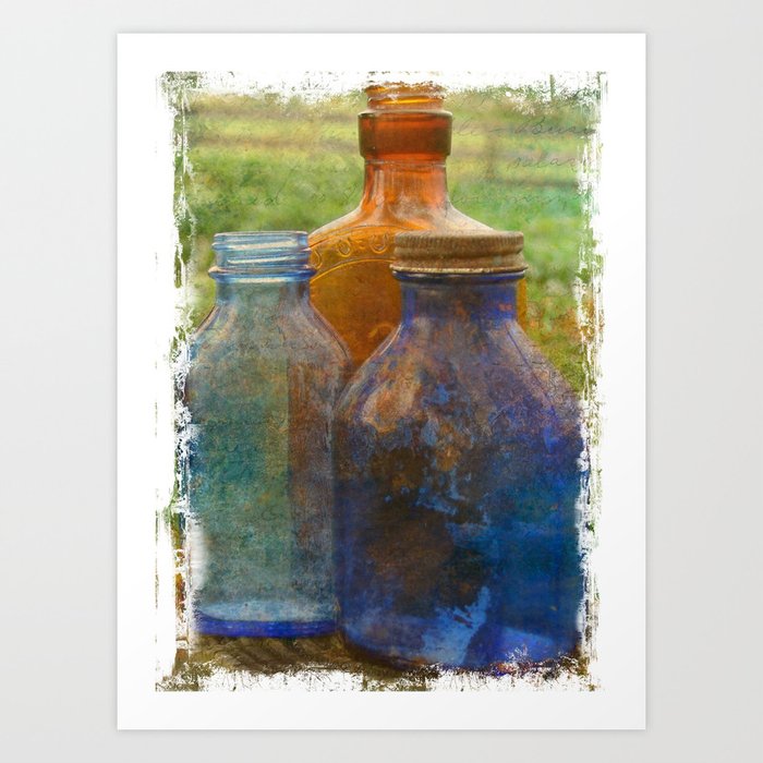 Blue and Brown Bottles Art Print
