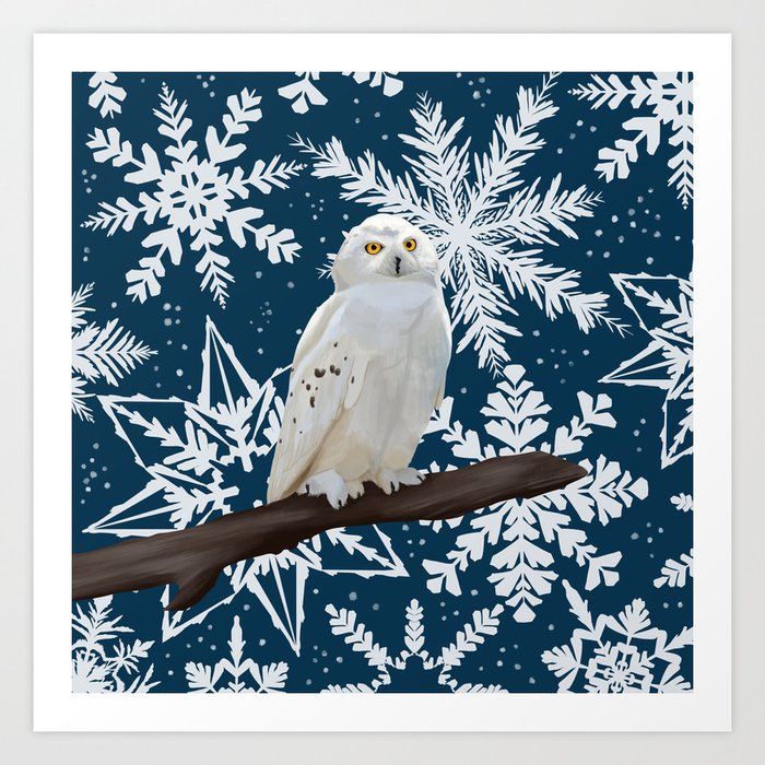 Snowy owl on Blue Snowflake Pattern Art Print