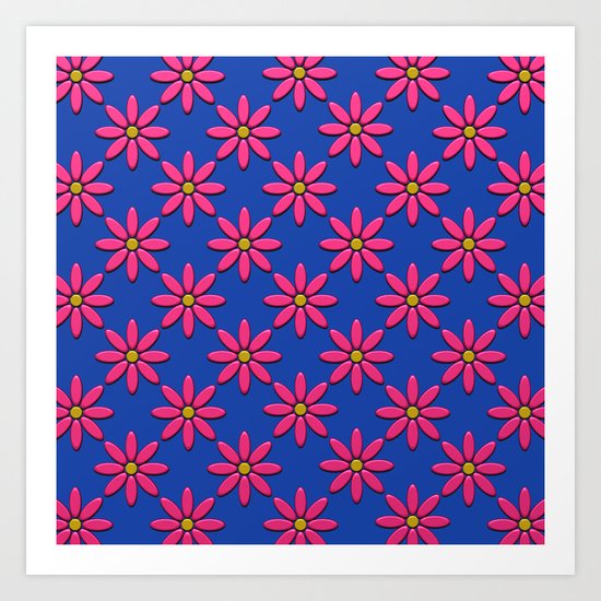 Pink Flowers on Blue Field Art Print