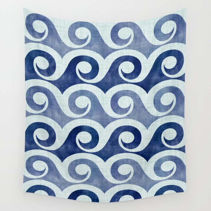 Indigo Geometric Beach Waves Wall Tapestry