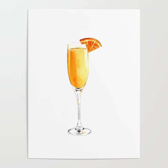 Cocktails. Watercolor Painting. Mimosa. Poster