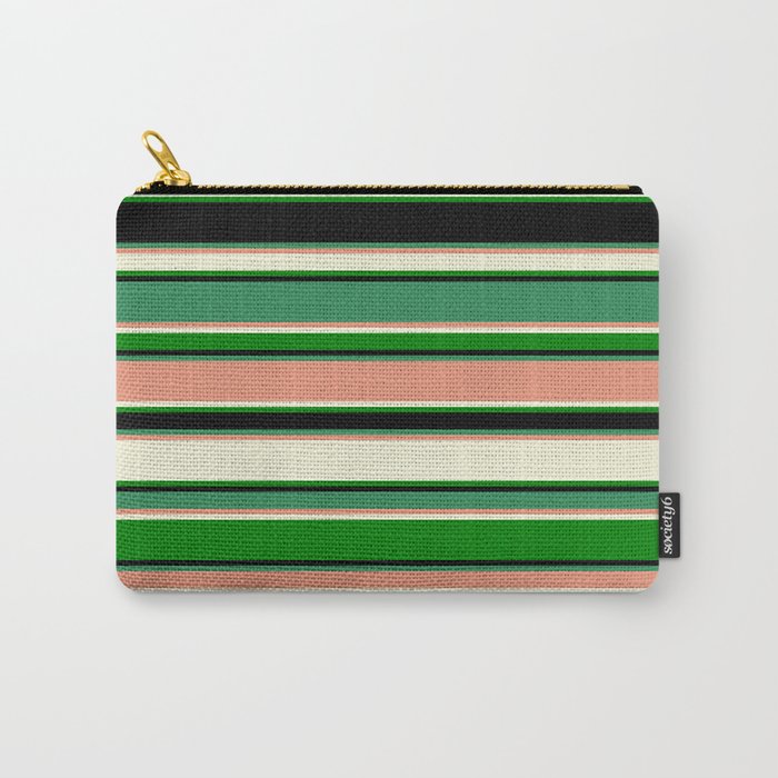 Eye-catching Sea Green, Dark Salmon, Beige, Green, and Black Colored Lined Pattern Carry-All Pouch