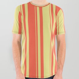 [ Thumbnail: Tan and Red Colored Stripes/Lines Pattern All Over Graphic Tee ]
