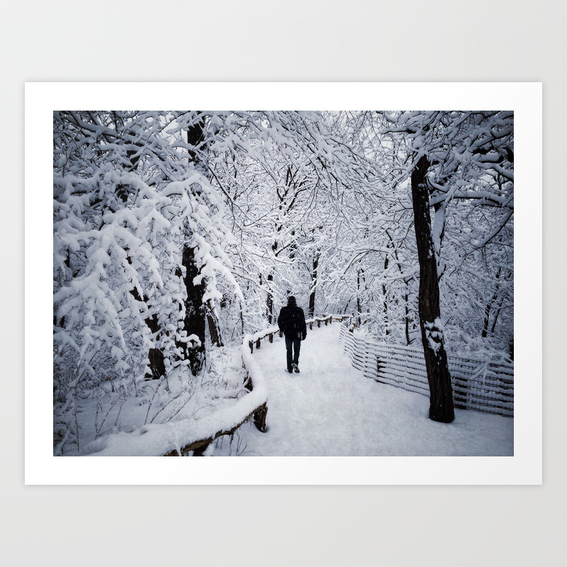 A Man Walking Down A Winding Path Through Snow Covered Trees Art Print By Staceybramhallphotography Society6