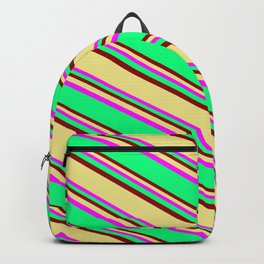 [ Thumbnail: Fuchsia, Green, Dark Red & Tan Colored Lines Pattern Backpack ]