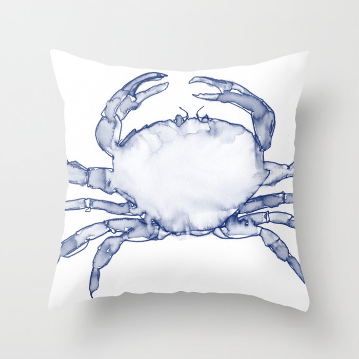 Crab Watercolor (Part of a Set of 3), Navy and White Throw Pillow